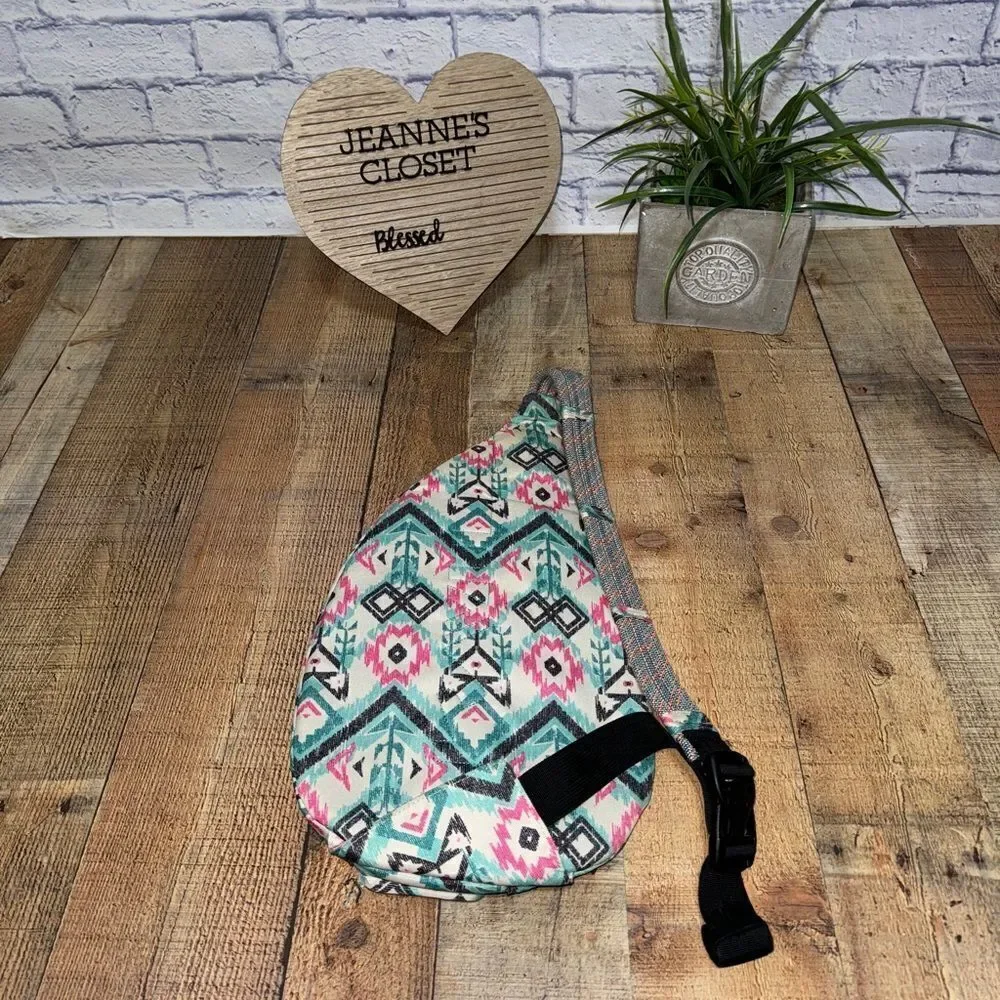 Kavu Rope Crossbody Sling Bag Aztec Southwestern Geometric Teal/Pink/Black
